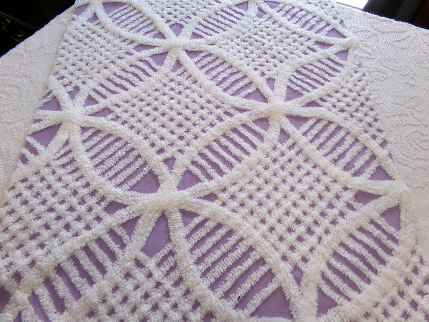 Spring Lavender Vintage Chenille Fabric, white geometric design, sewing craft quilt material, 22" x 25" piece
