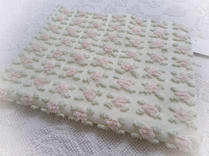 Creamy Vanilla Pink Rosebud Vintage Chenille Bedspread Fabric, 18 x 24"