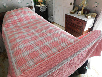 Girl Power Sassy Pink Vintage Chenille Bedspread, Grey & White Plaid, 100% Plush Cotton, TWIN Size