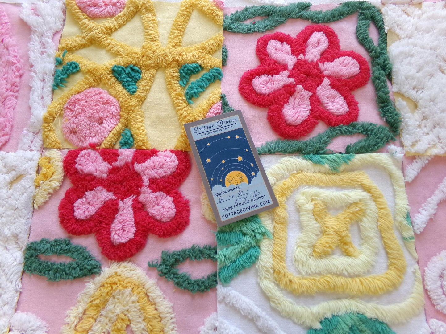 summer fresh vintage chenille fabric squares, set of 16 whimsy floral 6" quilt blocks for crafts, sewing, diy pillow covers