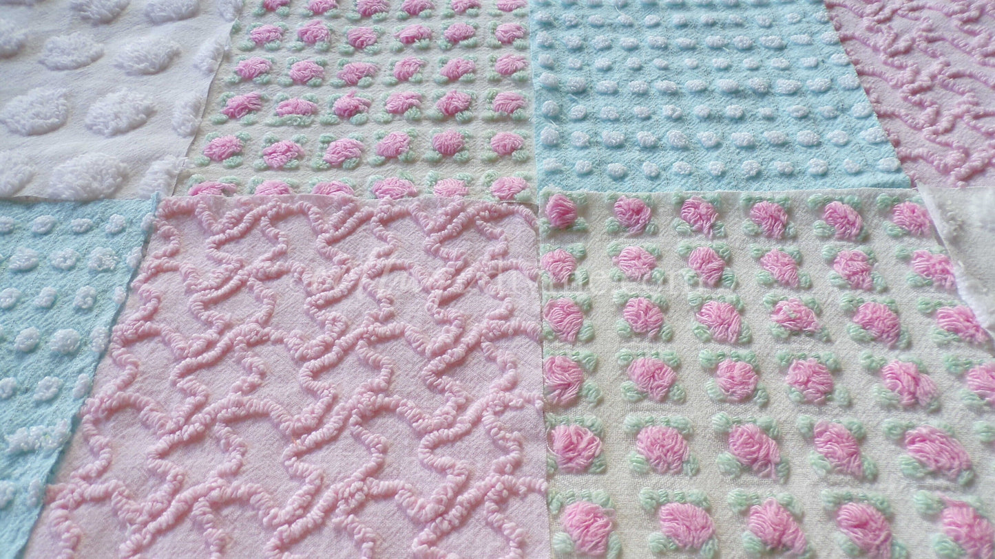Classic Cottage Chic Chenille Fabric Squares, Set of 16 Vintage 6" Quilt Blocks, Pretty Pink Rosebud, Aqua & White