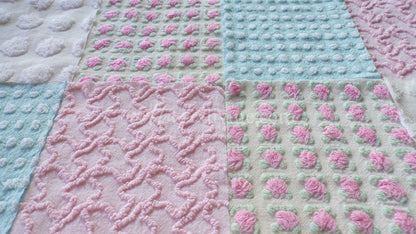 Classic Cottage Chic Chenille Fabric Squares, Set of 16 Vintage 6" Quilt Blocks, Pretty Pink Rosebud, Aqua & White