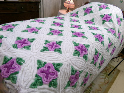 Lavender Cabbage Rose Blooms 1940s White Cotton Chenille Bedspread, FULL Size