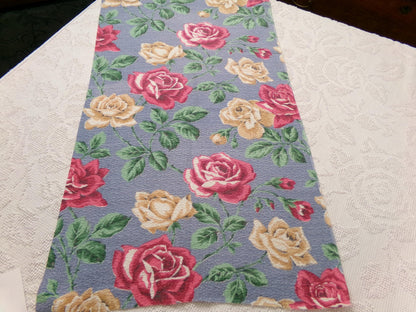 Vintage Rose Barkcloth Fabric, Pink Gold Blooms Blue Background 16" x 27"