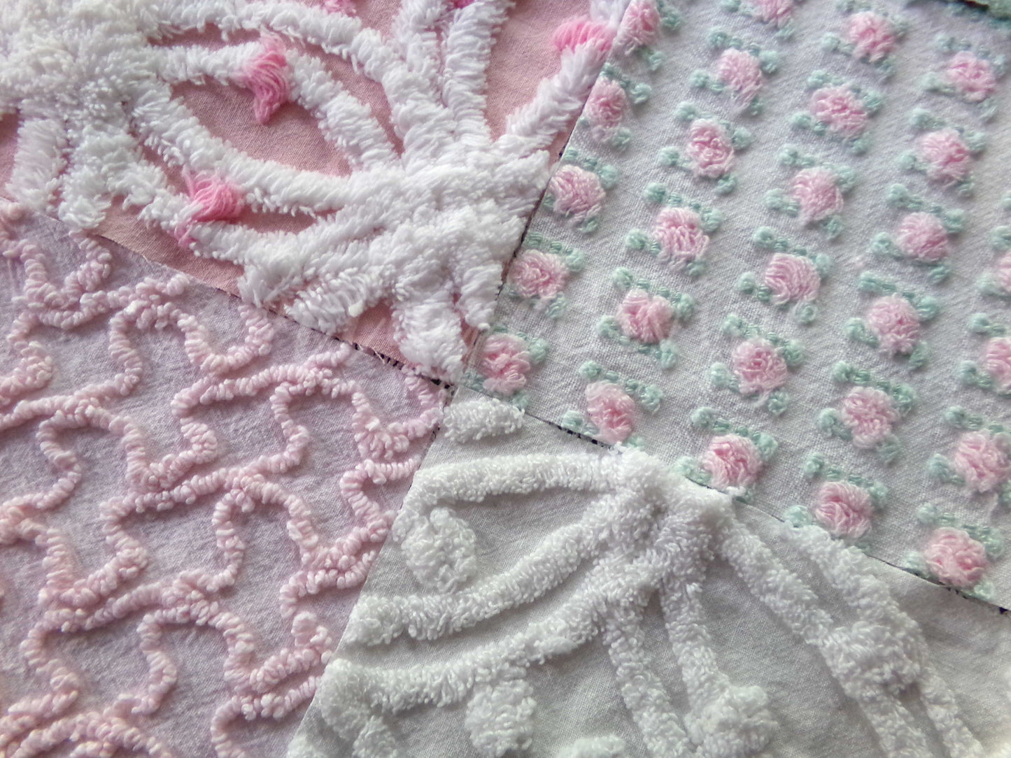chenille 6" fabric squares, set of 16 vintage quilt blocks in joyful springtime colors of pink, green & white floral and geometric
