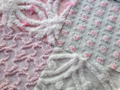 chenille 6" fabric squares, set of 16 vintage quilt blocks in joyful springtime colors of pink, green & white floral and geometric