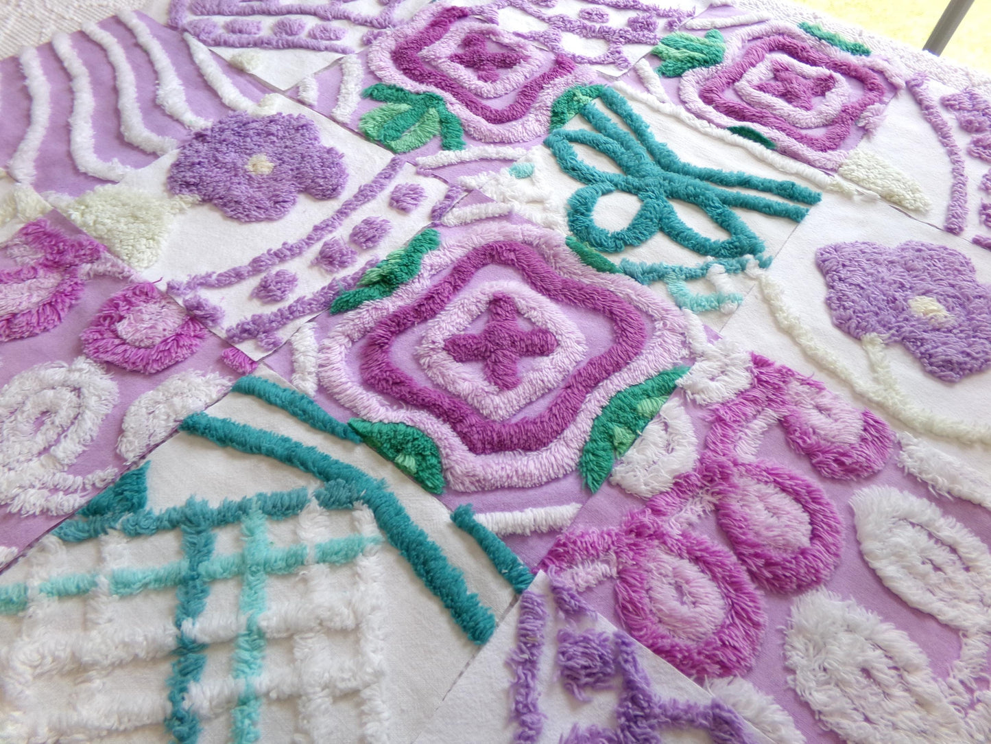 vintage chenille fabric squares: set of 16 lavender & lilacs, teal white cotton 6" quilt blocks
