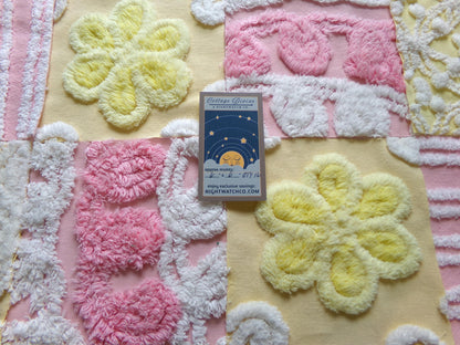 vintage chenille fabric squares, "sunshine smiles" set of 16 pink & yellow floral 6" quilt blocks for quilting, crafts, sewing