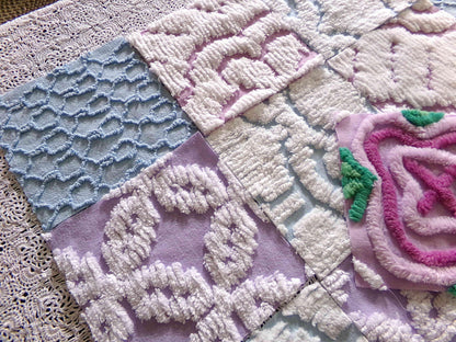 sleep softly chenille fabric squares, serene blue, lilac & white, 17 vintage quilt blocks 6" x 6" inch, for pillows, quilting, crafts
