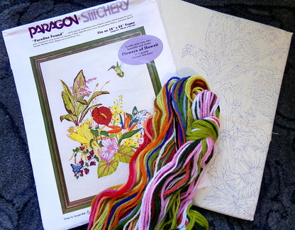 PARADISE FOUND Vintage Crewel Embroidery Kit, Flowers of Hawaii Tropical Hummingbird Paragon 0308 Stitchery Wall Hanging