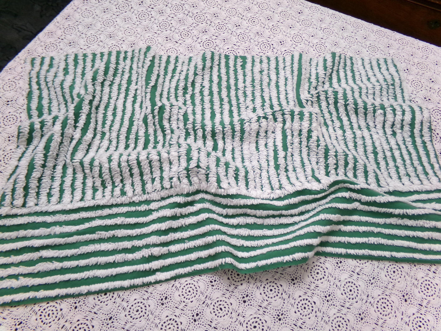 Green & Snow White Vintage Chenille Bedspread Fabric, Geometric Stripes 15" x 26" piece