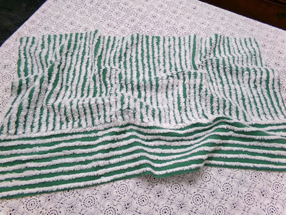 Green & Snow White Vintage Chenille Bedspread Fabric, Geometric Stripes 15" x 26" piece