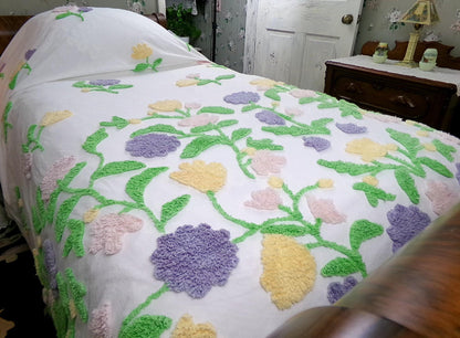 Y2K Vintage Style Chenille Bedspread, Summer Floral Burst TWIN Coverlet