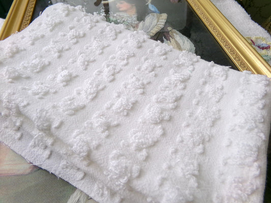Angel White Rosebuds Vintage Chenille Fabric, 19" x 24" Piece, Minimalist Single Color Rose Fabric for Quilts, Pillows & Crafts