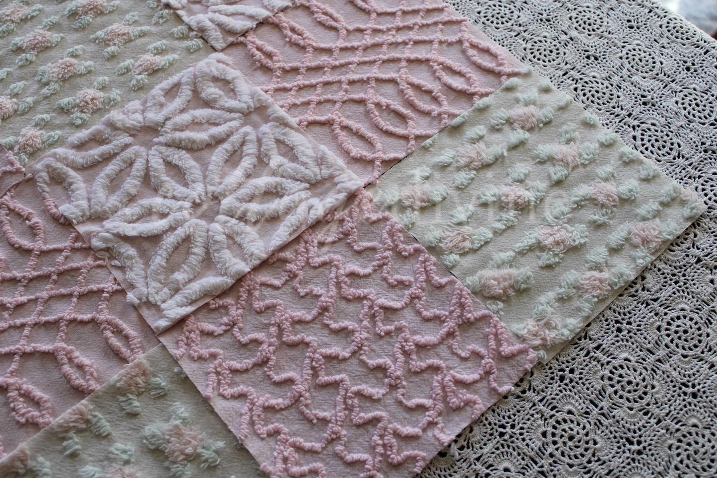 Pink Quilt Squares, Daisy Rosebud Craft Square Set from Vintage Bedspread Fabric, 16 Blocks, 6" x 6" inch
