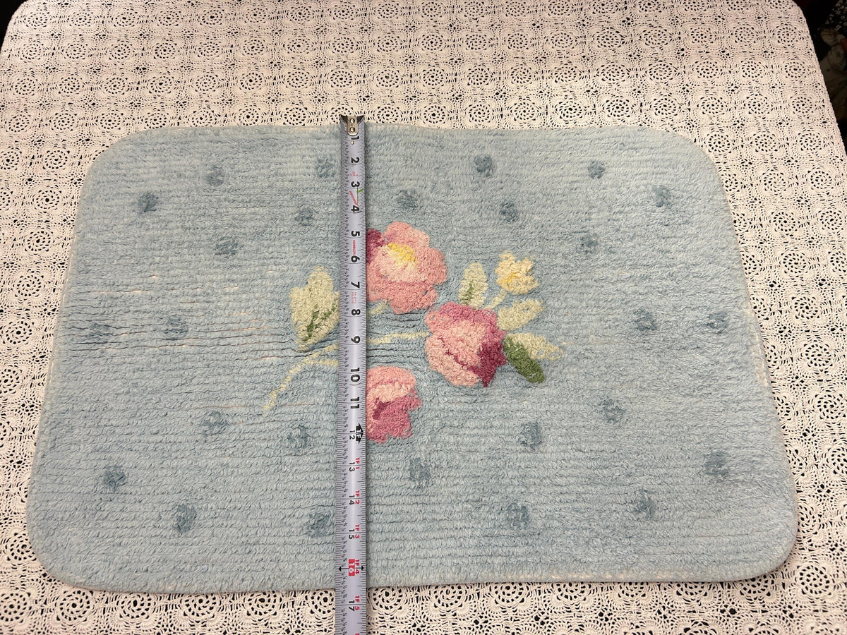 Small Vintage Chenille Rug, Pink Roses & Dots Blue 16" x 24" Accent Mat / Wall Hanging