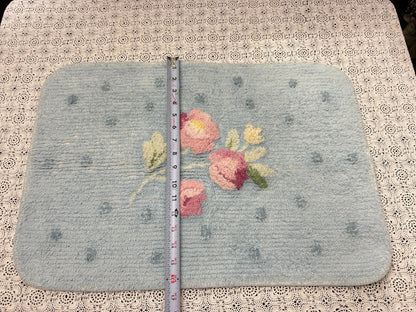 Small Vintage Chenille Rug, Pink Roses & Dots Blue 16" x 24" Accent Mat / Wall Hanging