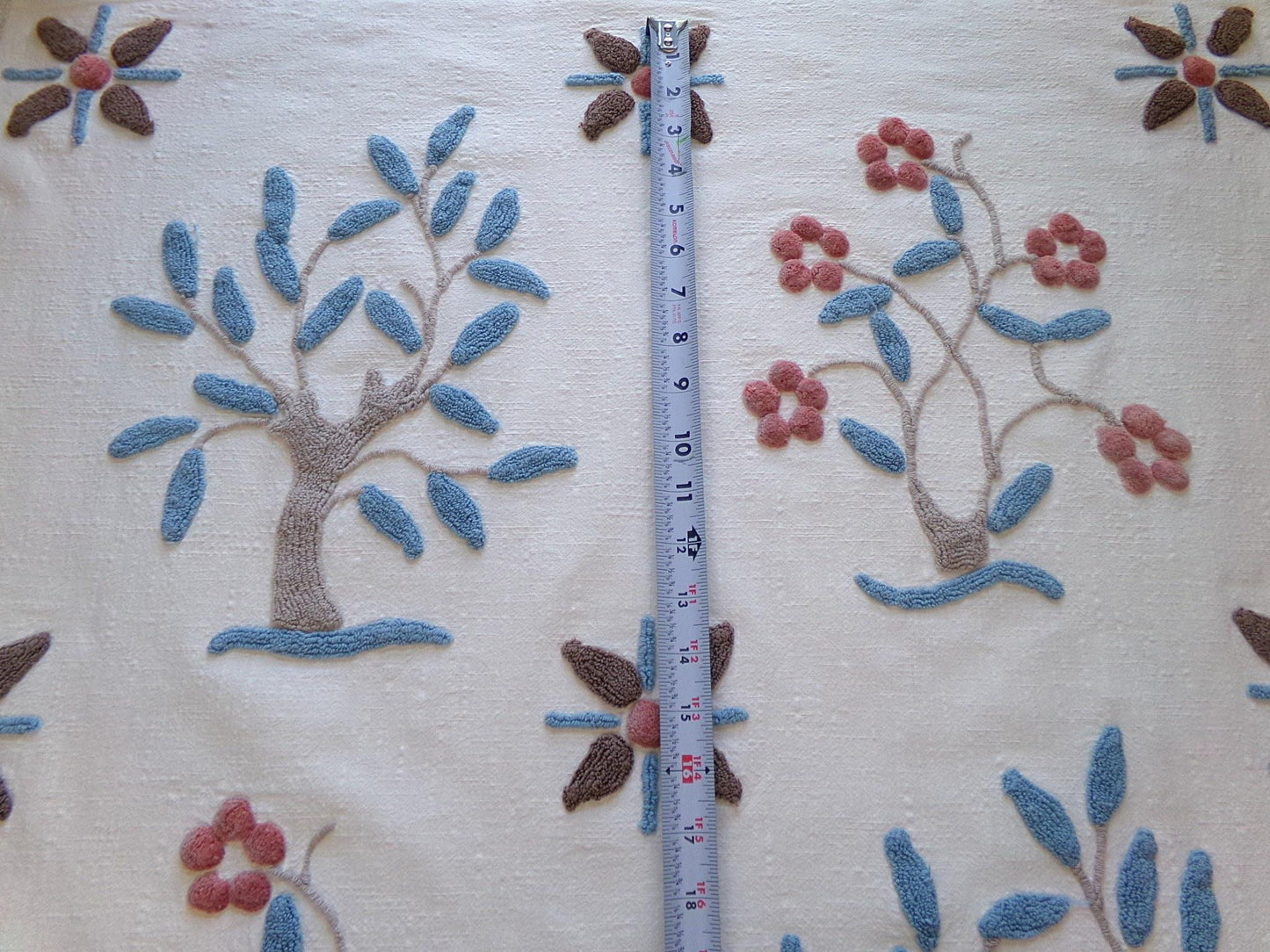 Vintage Bohemian Chenille Fabric - Natural Woodland Tree Floral & Star Design, 28" x 29"