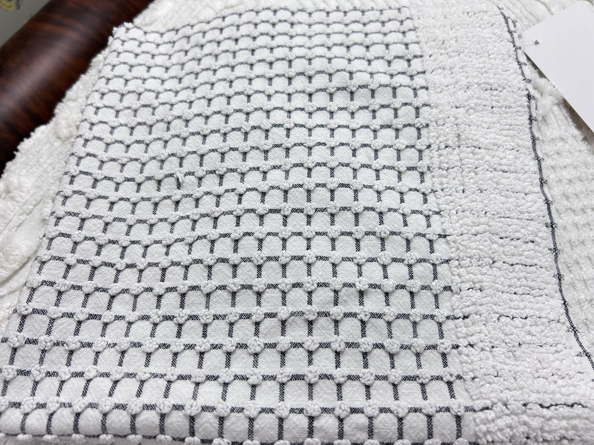Black & White Vintage Chenille Fabric, Micro Grid Pops, Shaggy Edge Trim 20x20"