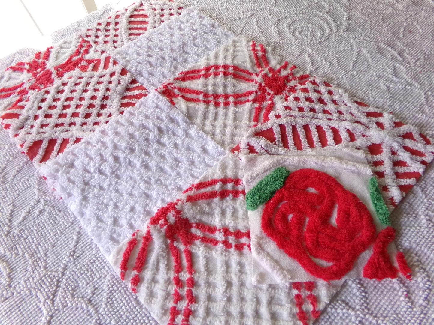 vintage chenille fabric squares, set of 8 red & white 7.5" vintage quilt blocks for sewing, Christmas crafts, quilting