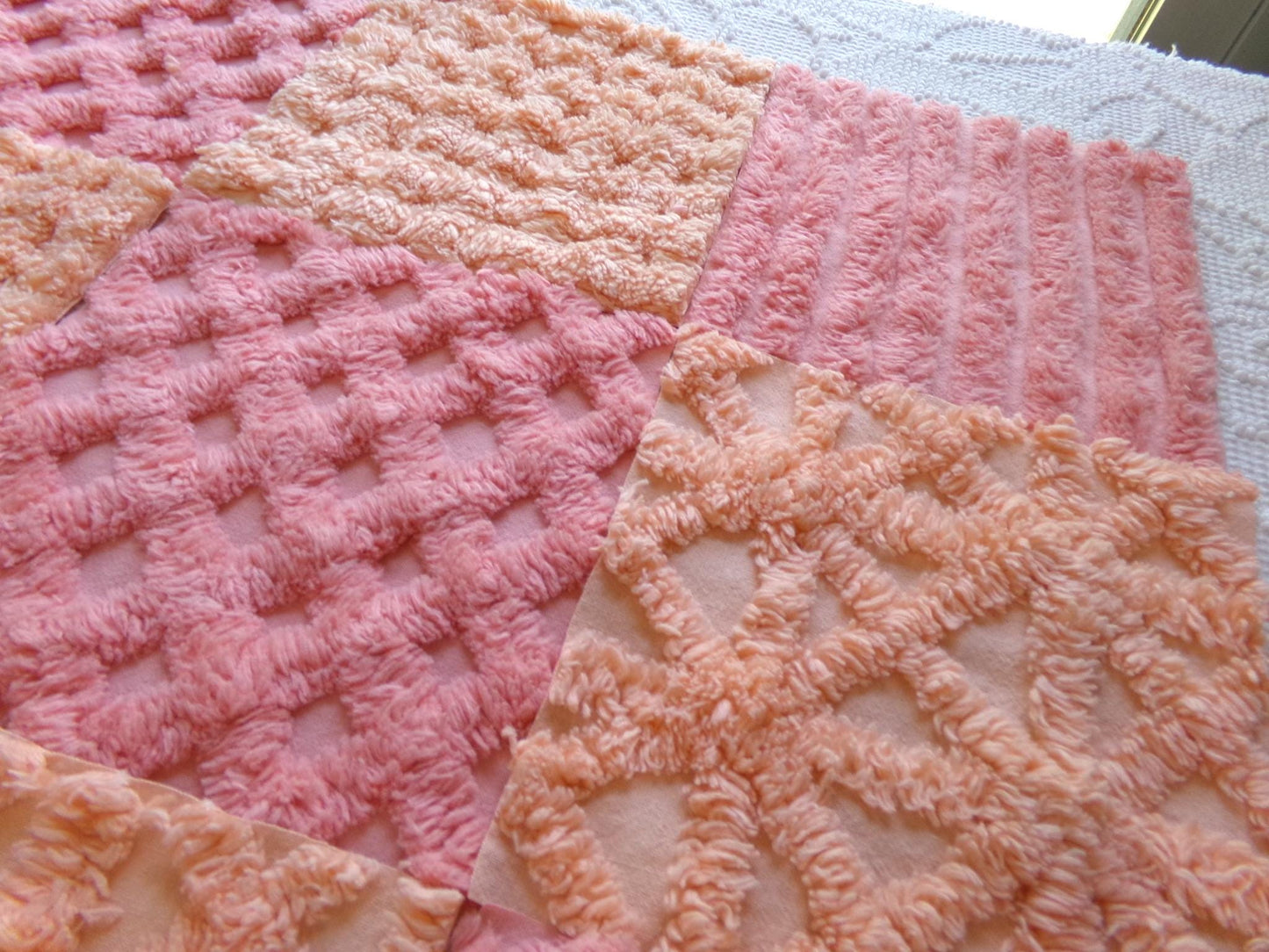 peach sorbet vintage chenille fabric squares, set of 16 plush soft tufted 6" quilt blocks