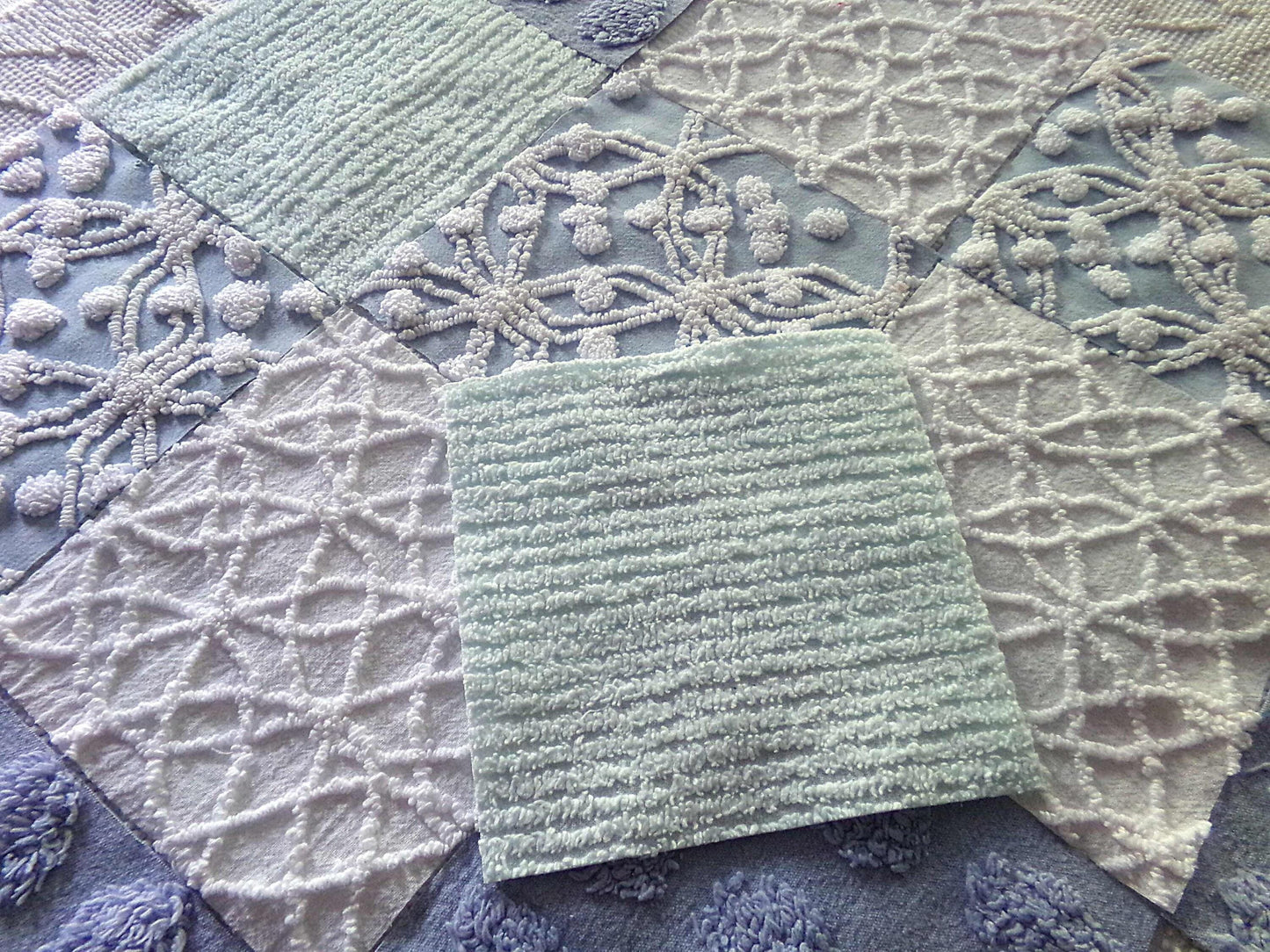 Chenille Fabric Squares Set, "Beach Life", 16 Vintage Quilt Blocks, 6" inch in Blue, Cool Aqua & White