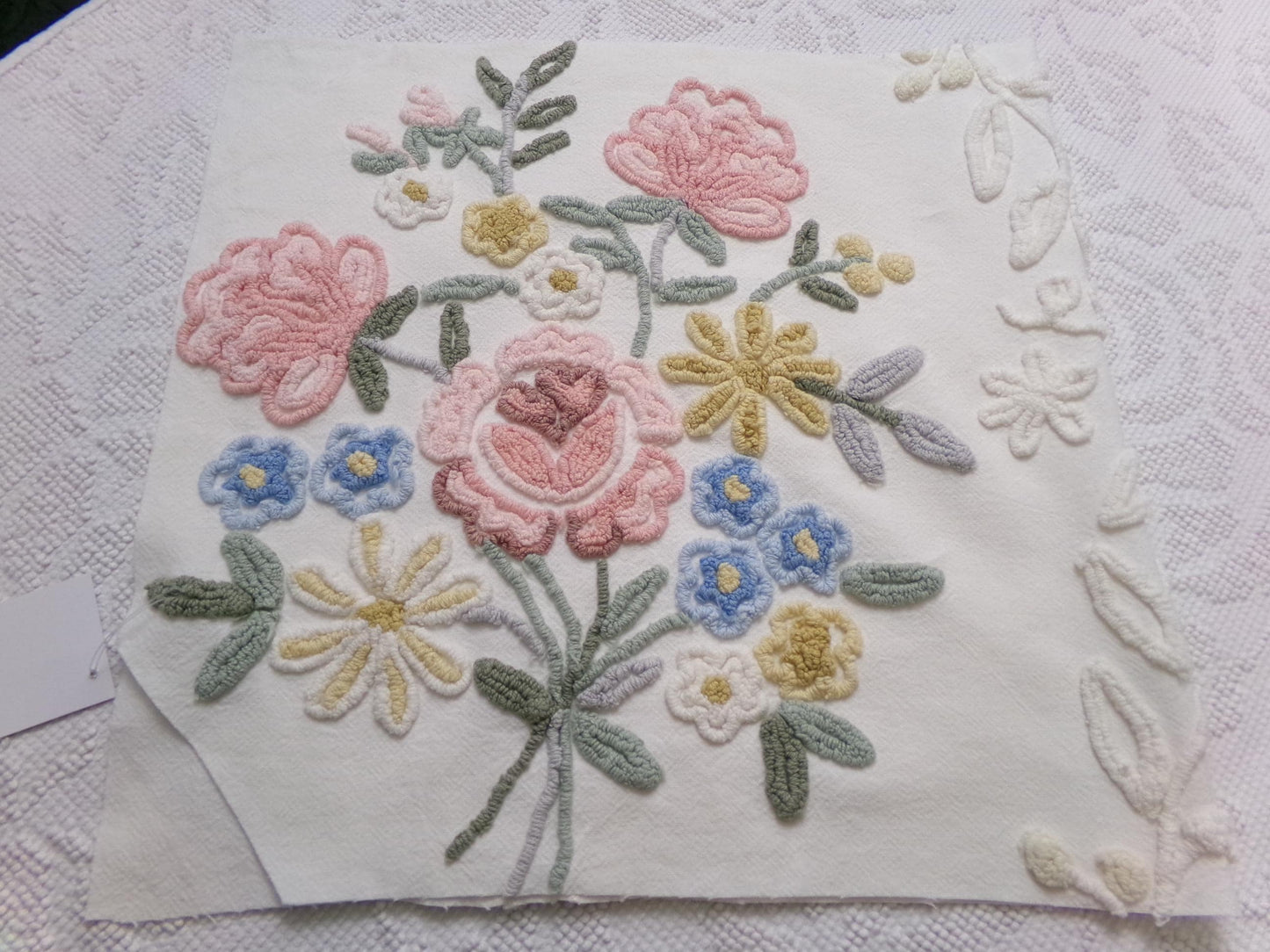 Rose Bouquet Vintage Chenille Bedspread Fabric, Cottage Style Sewing & Quilt Material, 15" x 28"