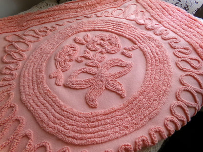 rose cameo vintage chenille fabric, peach needletuft floral bouquet & bow, 20" x 24" inch piece for quilting, sewing