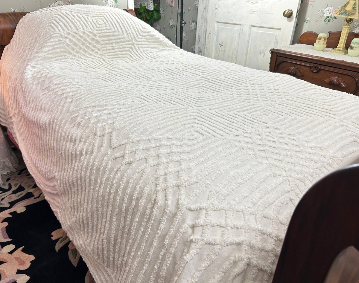Quietly Bold Vintage Chenille Bedspread, Nested Squares & Diamonds, Full Size