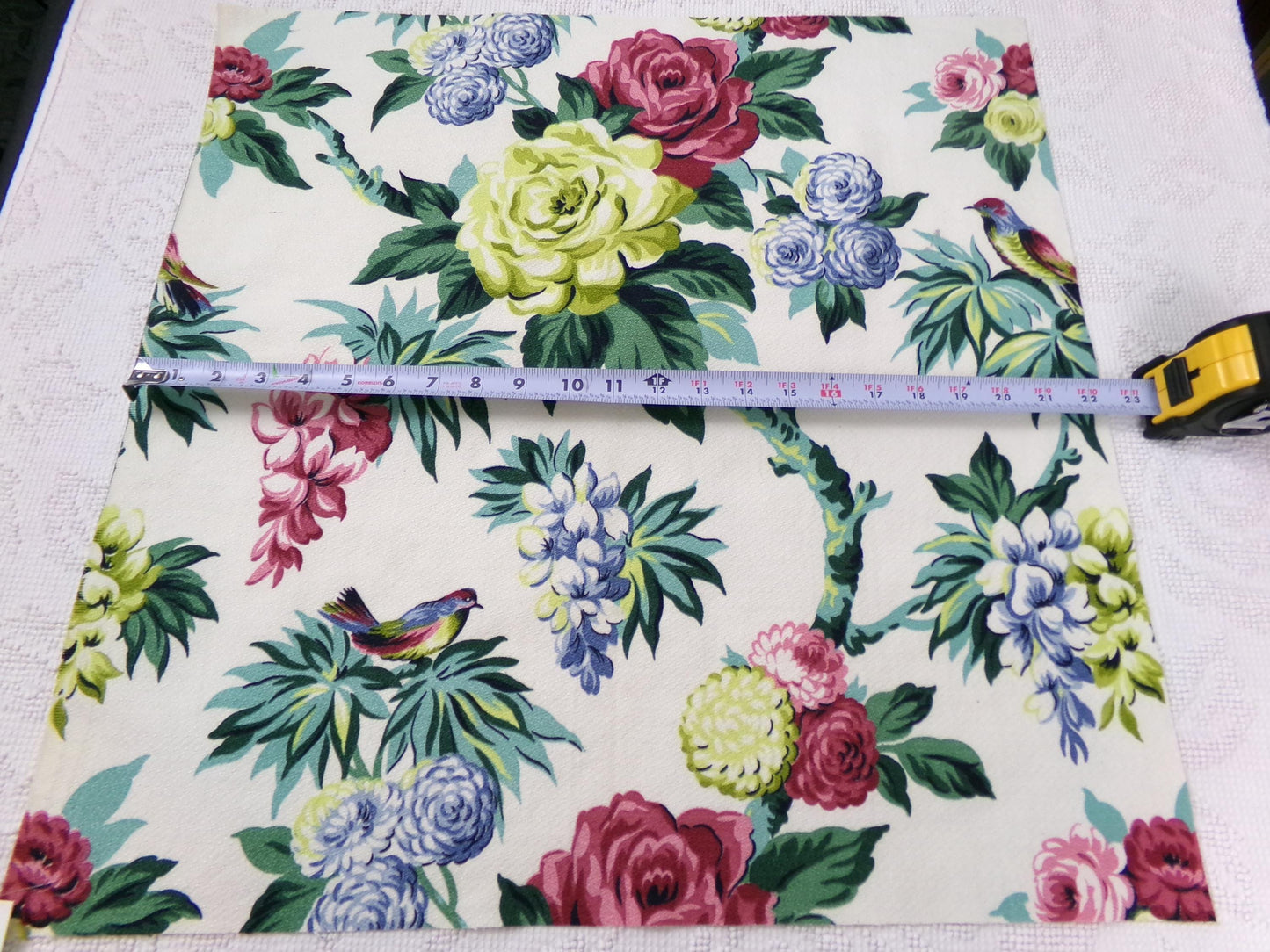 Vintage Barkcloth Fabric 22 x 22" Botanical Floral Exotic Birds Rose Peony Chinoiserie Mid Century