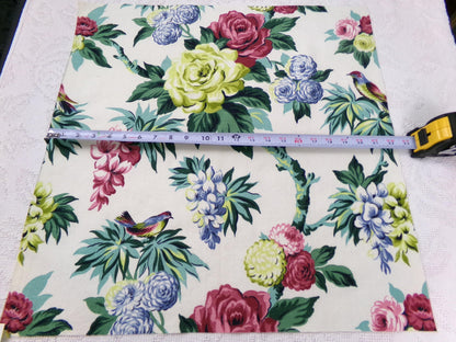 Vintage Barkcloth Fabric 22 x 22" Botanical Floral Exotic Birds Rose Peony Chinoiserie Mid Century