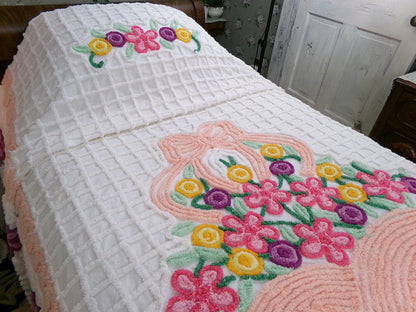 Basket of Happiness Vintage Chenille Bedspread Cheerful Cottage Hearts, Full Size