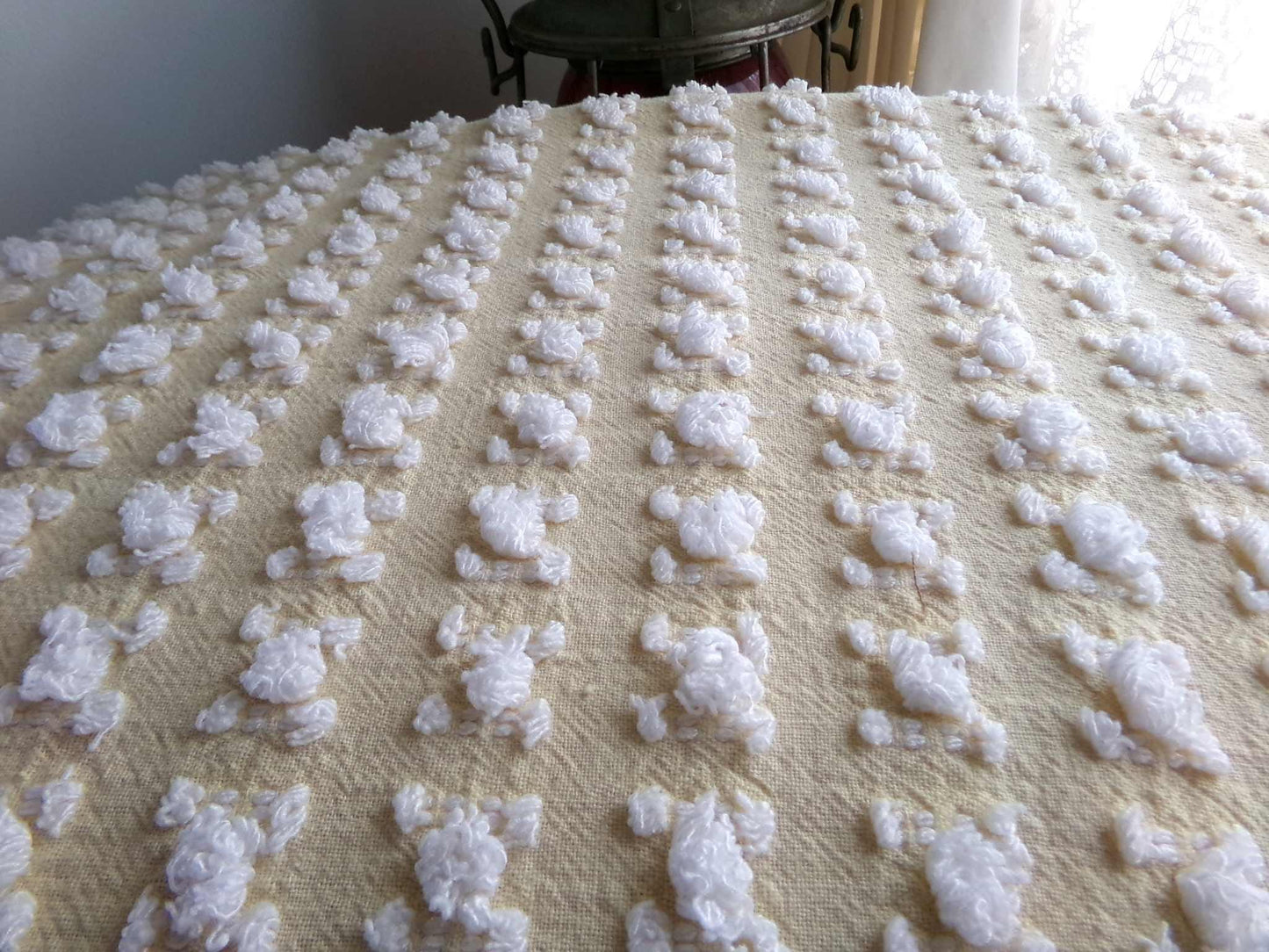 Buttercup Yellow White Rosebud Vintage Chenille Fabric, Cottage Style Tufted Roses, 12" x 24" inch Piece