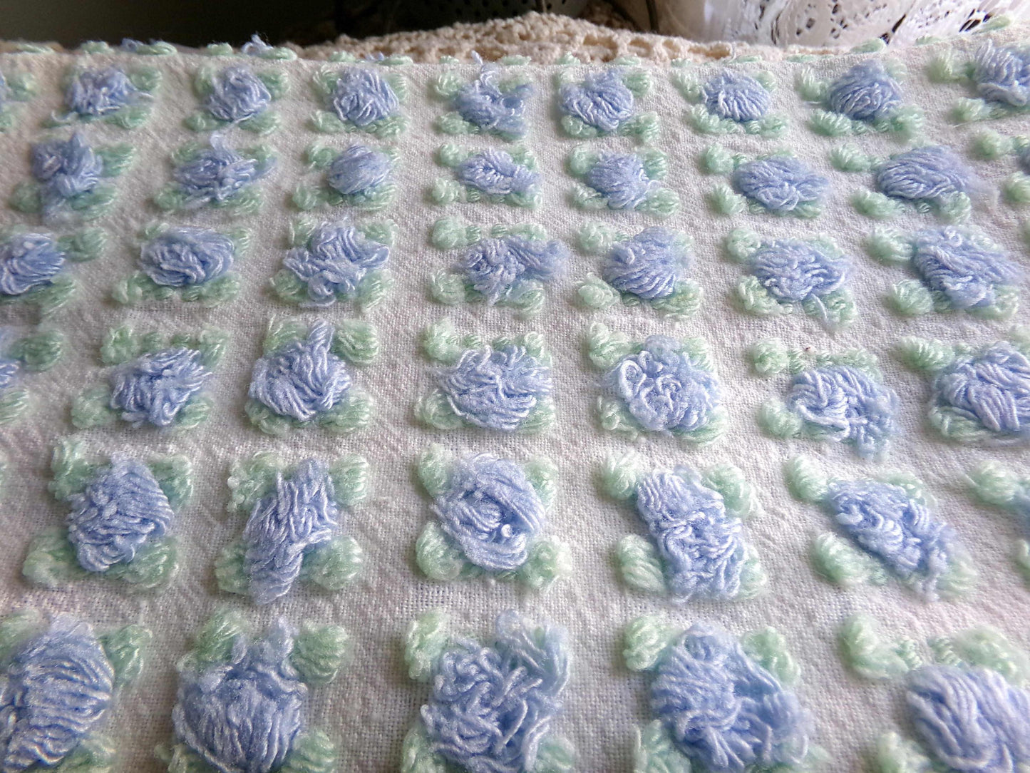 Heavenly Blue Rosebud Vintage Chenille Fabric, Morgan Jones Rose Design, 24" x 18" inch Piece, Angelic Raised Roses on White