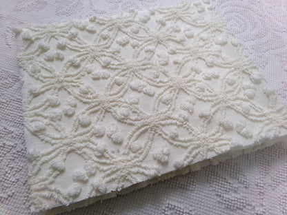 Winter White Snowflakes Vintage Chenille Fabric, neutral tufted pops sewing craft quilt material, 18" x 24" piece