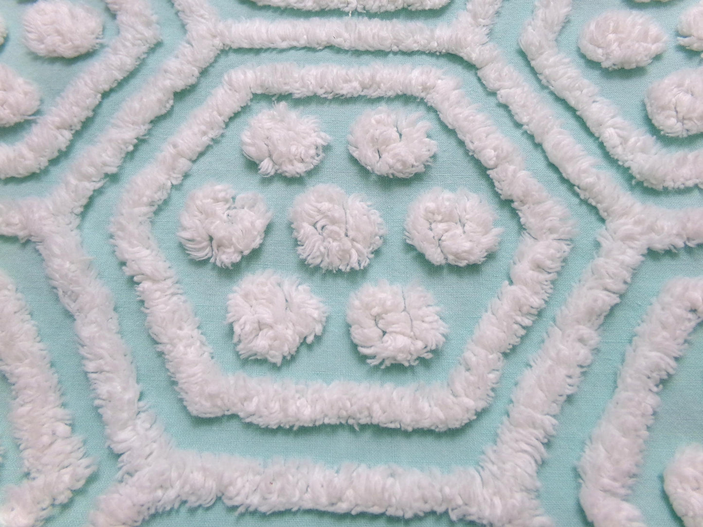 Vintage Chenille Fabric Coastal Fresh Aqua White Geometric Hexagon Dot 18x24"