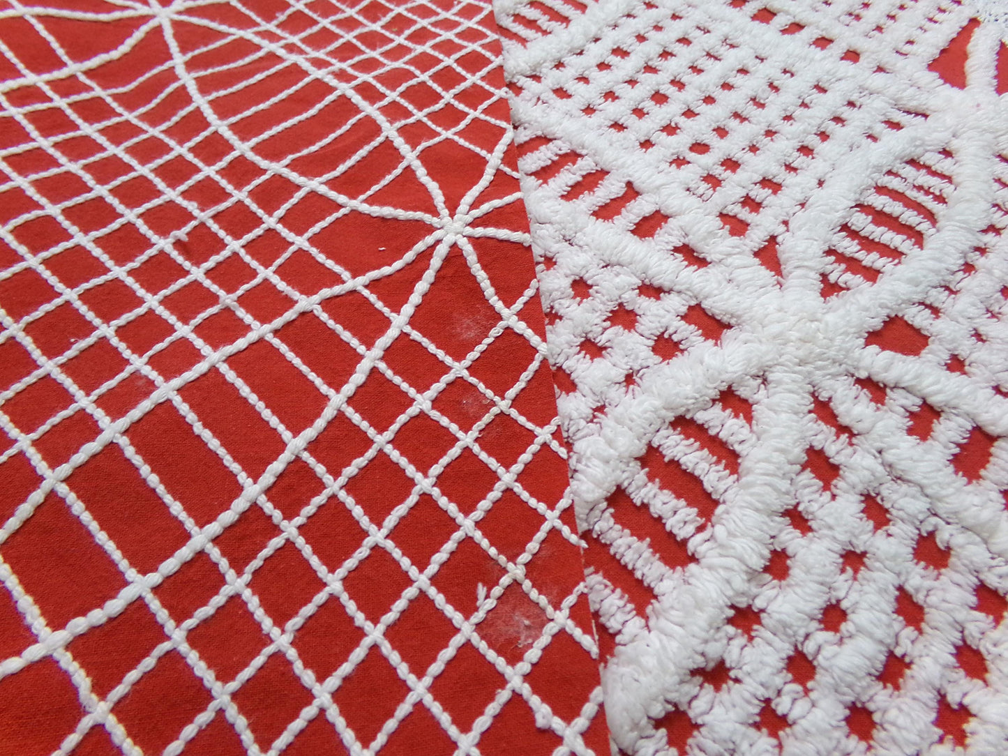 red & white vintage chenille fabric, geometric design 20" x 24" piece quilt material