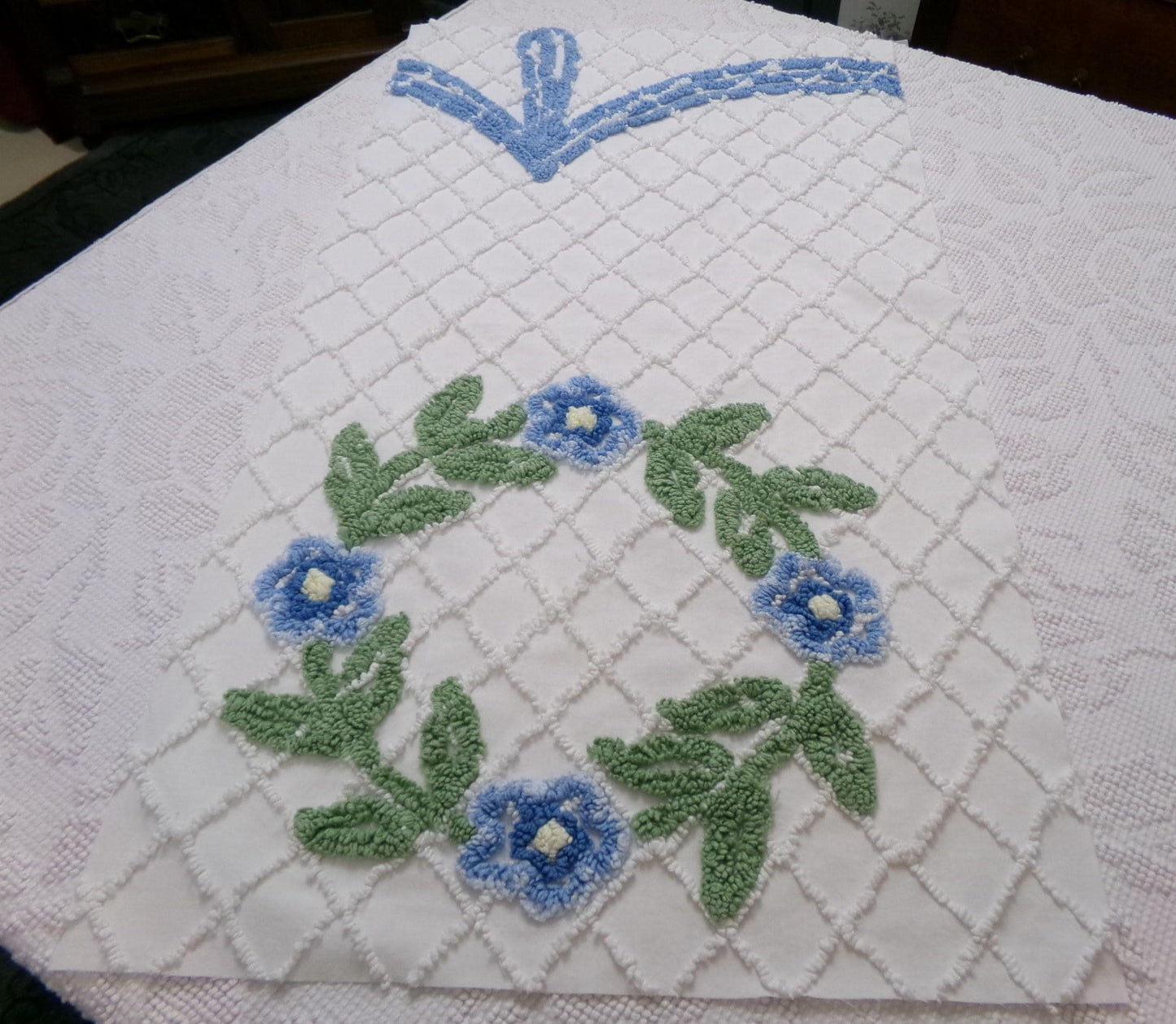 Floral Wreath Vintage Chenille Fabric, Blue & White Sewing Material 15" x 28" Piece