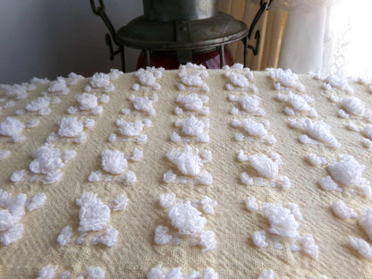 Buttercup Yellow White Rosebud Vintage Chenille Fabric, Cottage Style Tufted Roses, 12" x 24" inch Piece