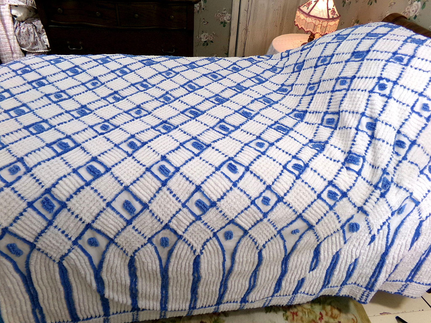 nautical vibes vintage chenille bedspread, blue dots on white cotton with cathedral stripes, full size coastal cottage bedding
