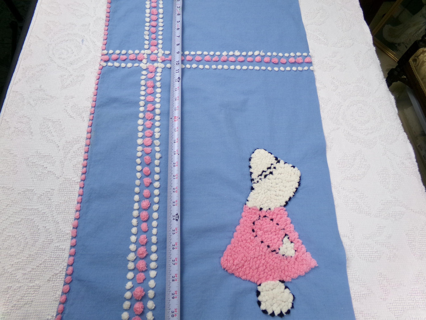 sunbonnet girl vintage chenille bedspread fabric, pink & blue sewing material, 17" x 29"