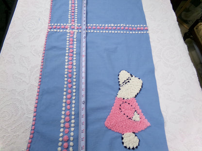 sunbonnet girl vintage chenille bedspread fabric, pink & blue sewing material, 17" x 29"