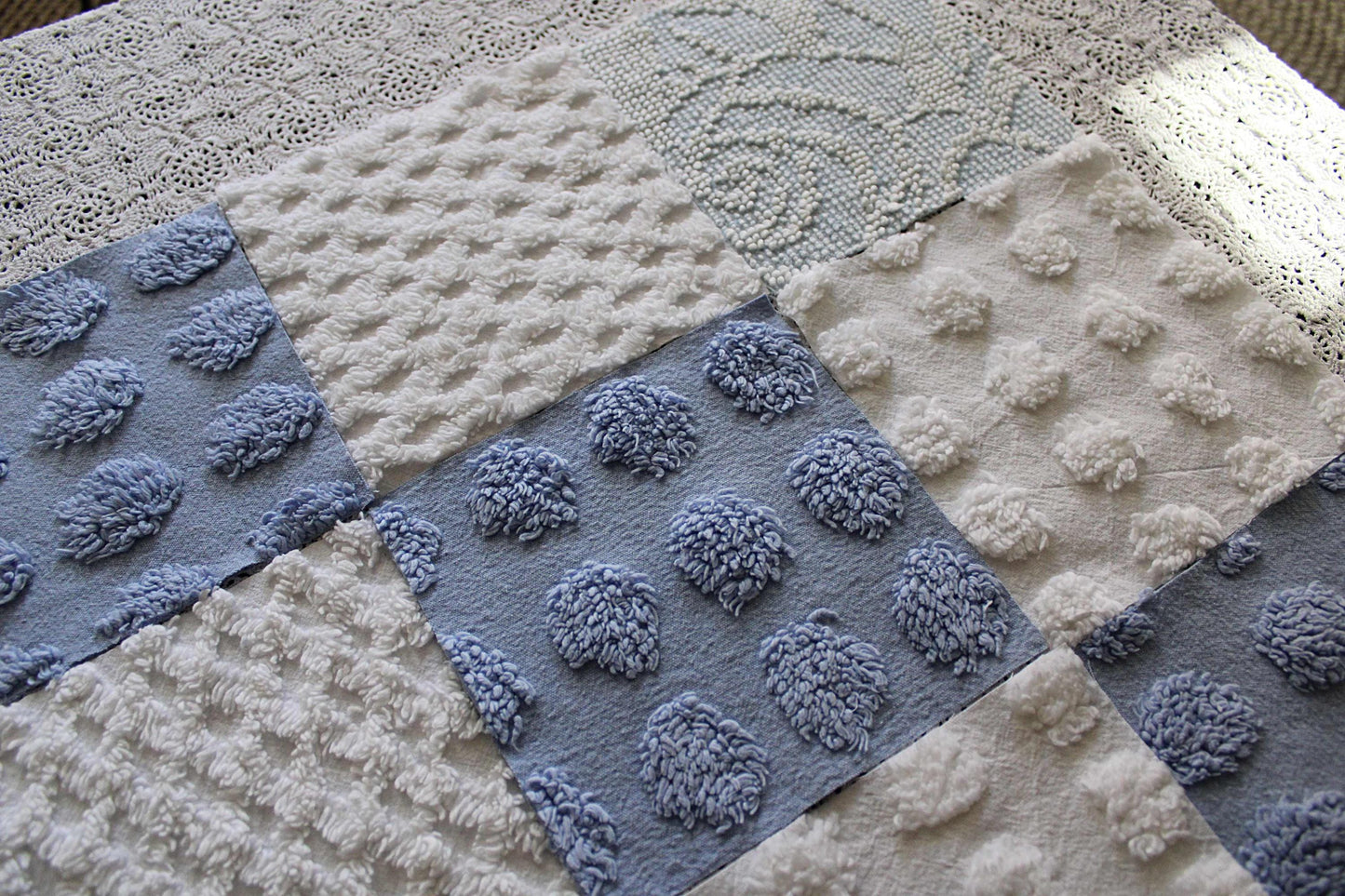 vintage chenille fabric squares, set of 16 coastal blue & white 6" quilt blocks for patchwork pillows, quilting, crafts