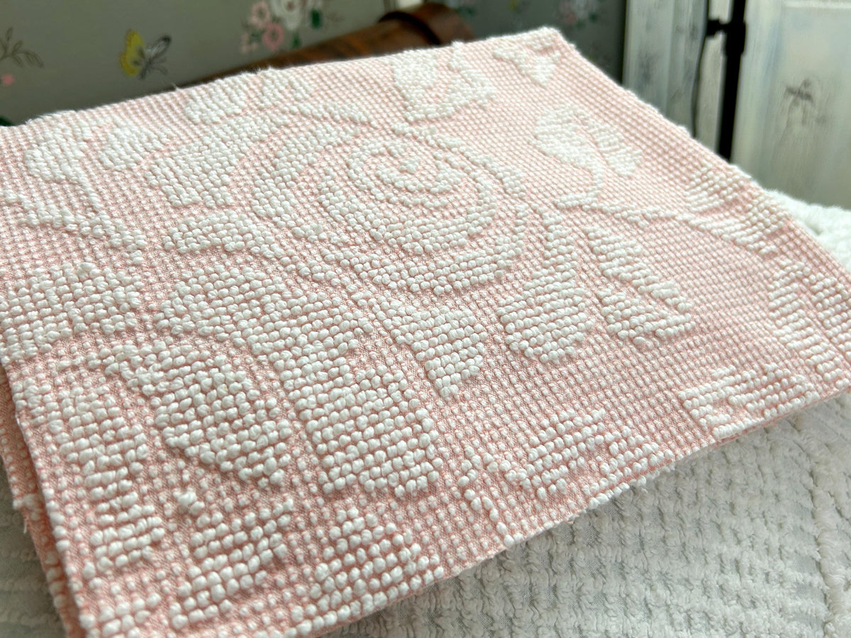 Pink Rose Vintage Chenille Fabric Piece Hobnail Cabbage Rose Reversible Shadow 18x24"