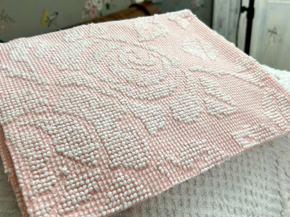 Pink Rose Vintage Chenille Fabric Piece Hobnail Cabbage Rose Reversible Shadow 18x24"