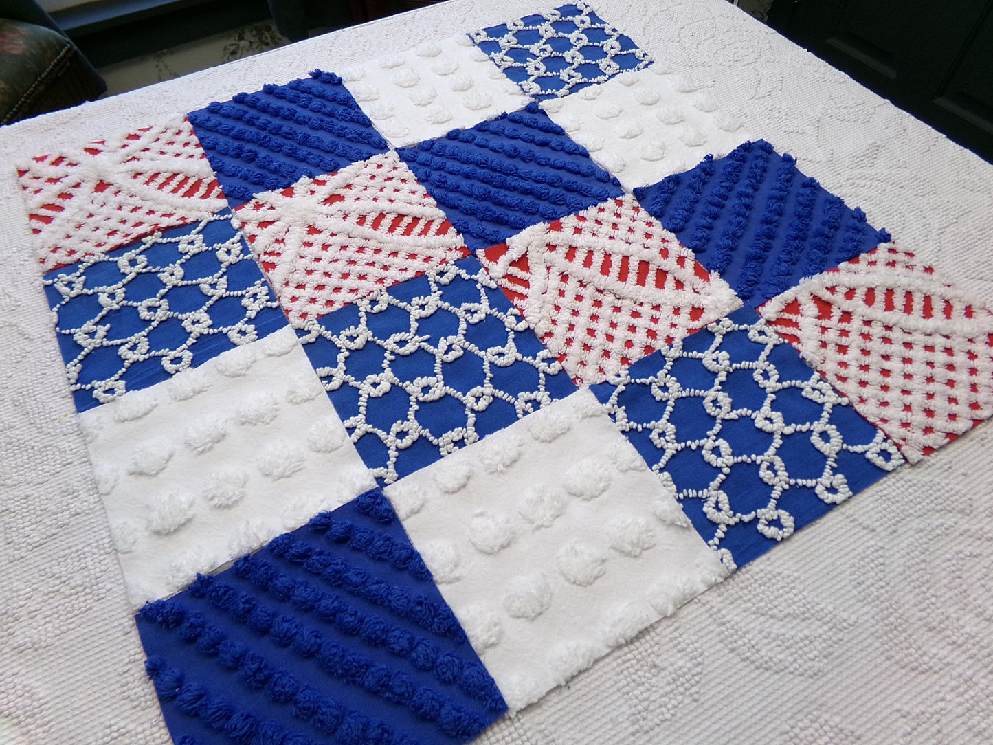 America Vintage Chenille Fabric Squares, 16 Red, White & Blue 6" Quilt Blocks