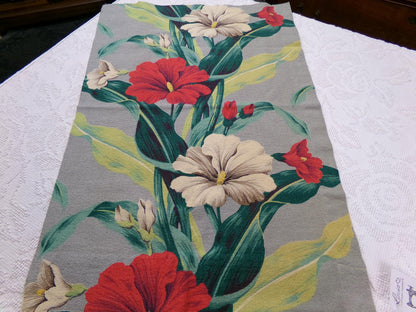 Hawaiian Barkcloth Vintage Fabric, Gray Tropical Red Hibiscus Floral Mid-Century 27" x 18"