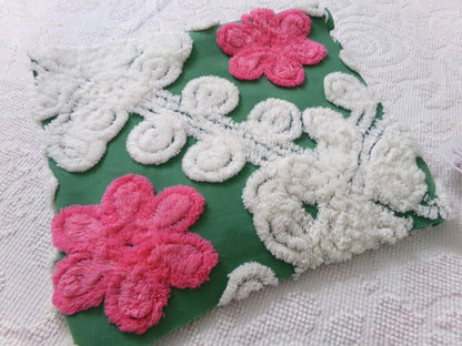 Vintage Chenille Bedspread Fabric, evergreen pink rose white swirl sewing craft quilt material, 20" x 24" piece