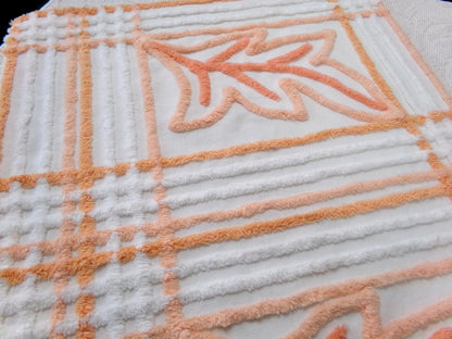 Peach White Vintage Chenille Bedspread Fabric Botanical Leaves Design 21x24"