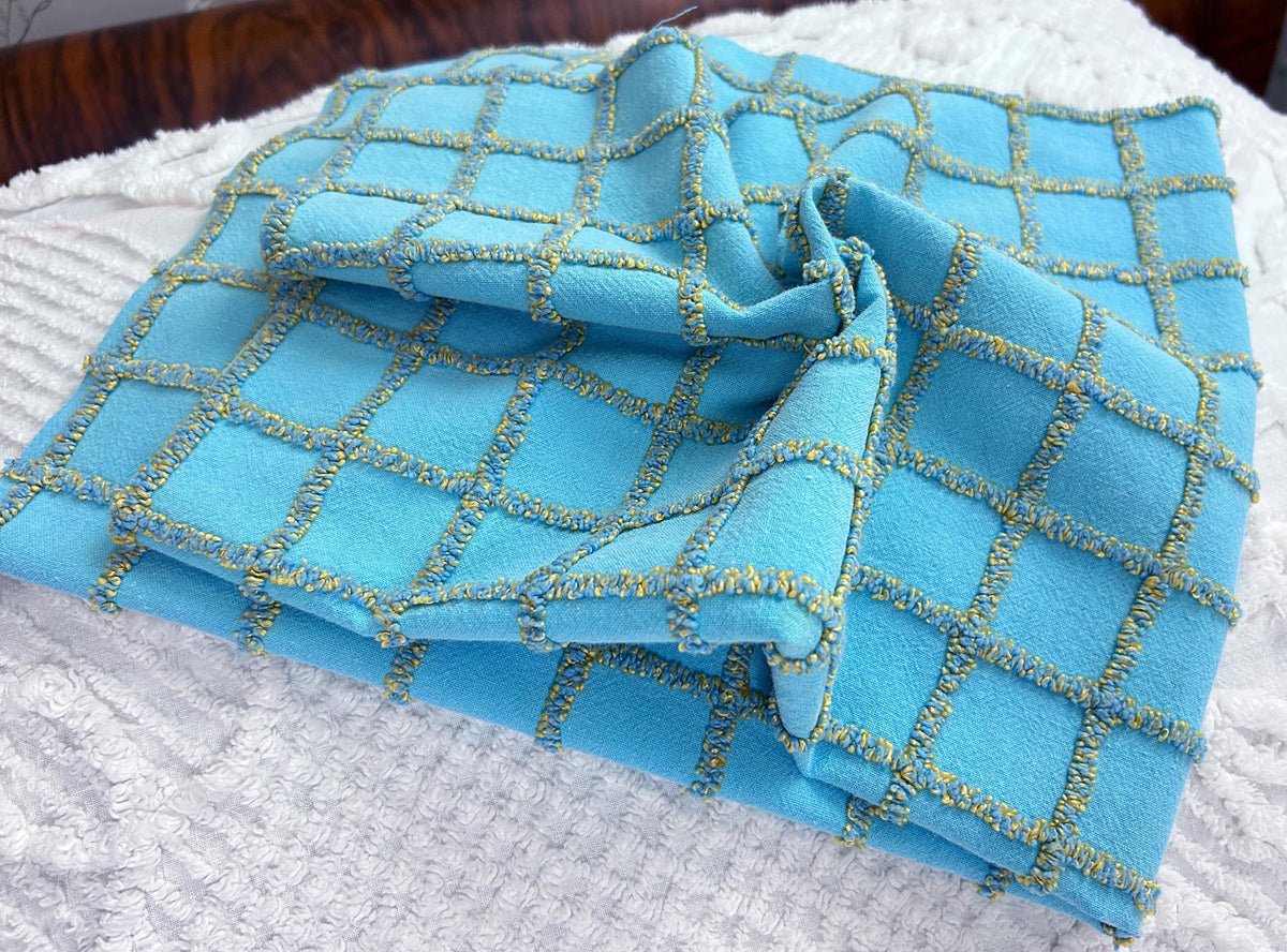 Sporty Squares Vintage Chenille Bedspread Fabric, Aqua Gold Windowpane Grid 19x23"